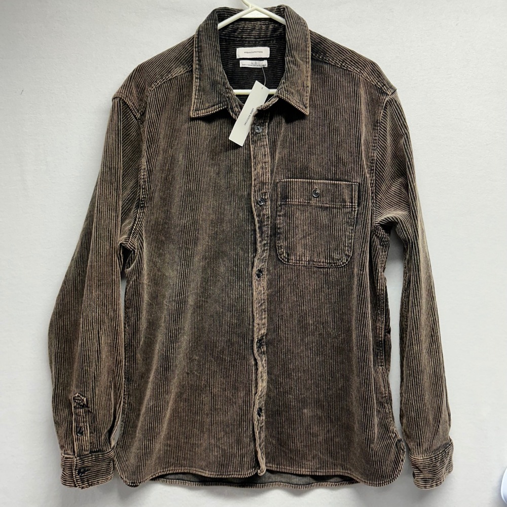 Urban Outfitters Corduroy Shirt Mens L Black Brown Washed Wide Wale Button Up